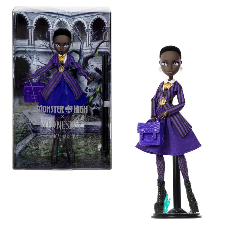 Zberateľská bábika Monster High x Wednesday Bianca Barclay v uniforme Nevermore Academy s amuletom sirény, batohom a stojanom JDR71