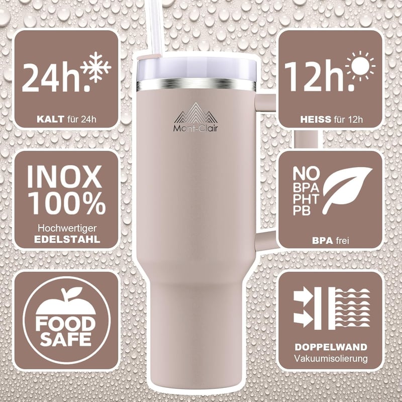 Mont-Clair 40 oz termikus ivópalack szívószállal, 48 órás hűtéssel, BPA mentes kávésbögre