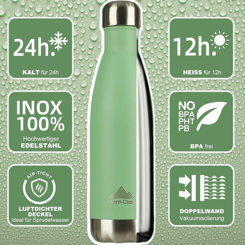 Mont-Clair H2O Rozsdamentes Acél Termosz 1L - Világoszöld Hőszigetelt Kulacs - 24 Óra Hideg & 12 Óra Meleg - BPA-mentes Szivárgásmentes Ivóp