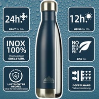 Mont-Clair H2O Rozsdamentes Acél Termosz 500ml - 24 Órás Hideg & 12 Órás Meleg Ital - Szivárgásmentes BPA-mentes Ivópalack - Sötétkék 2