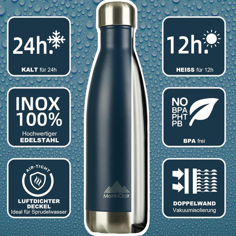 Mont-Clair H2O Rozsdamentes Acél Termosz 500ml - 24 Órás Hideg & 12 Órás Meleg Ital - Szivárgásmentes BPA-mentes Ivópalack - Sötétkék