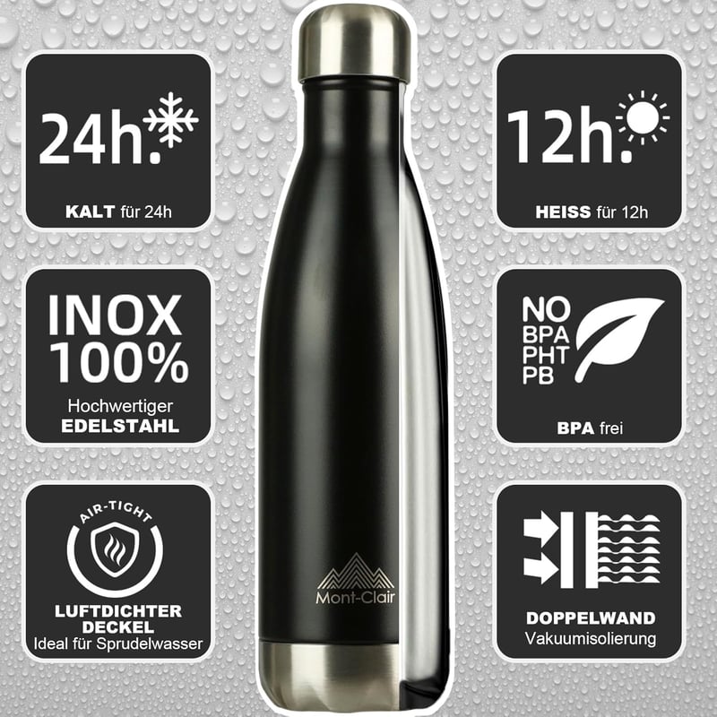 Mont-Clair H2O Rozsdamentes Acél Termosz 500ml - BPA-mentes Vizes Palack - 24 Órás Hideg & 12 Órás Meleg Ital - Szivárgásmentes Dupla Falú -