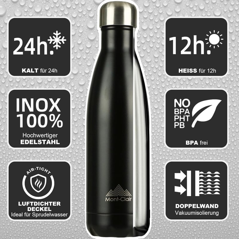 Mont-Clair rozsdamentes acél termosz 500ml, 24h hideg, 12h meleg, szivárgásmentes