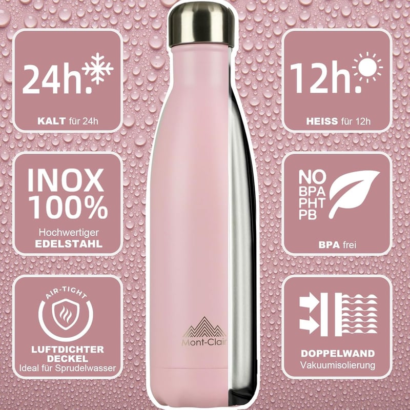 Mont-Clair Rozsdamentes Acél Termosz 500ml - Dupla Falú Hőszigetelő Kulacs, Szivárgásmentes BPA-mentes Ivópalack, 24 Órás Hideg/12 Órás Mele