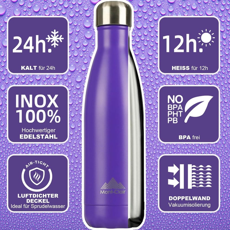 Mont-Clair Rozsdamentes Acél Termosz 500ml - Dupla Falú Hőszigetelő Kulacs, Szivárgásmentes BPA-mentes Ivópalack, 24 Órás Hideg/12 Órás Mele