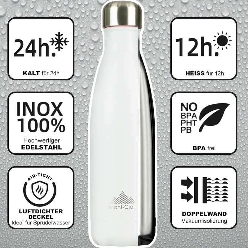 Mont-Clair Rozsdamentes Acél Termosz 500ml - Hőszigetelt Kulacs, BPA-mentes, 24 Órás Hideg/12 Órás Meleg Italtartó, Szivárgásmentes, Fehér