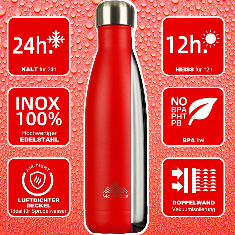 Mont-Clair Rozsdamentes Acél Termosz 500ml - Piros Hőszigetelt Kulacs, 24 Órás Hideg/12 Órás Meleg Italtartó, BPA-mentes, Szivárgásmentes Iv