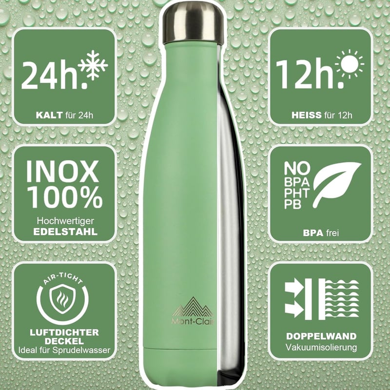 Mont-Clair Rozsdamentes Acél Termosz 500ml - Zöld Hőszigetelt Kulacs, 24 Óra Hideg/12 Óra Meleg Ital, BPA-mentes, Szivárgásmentes Ivópalack