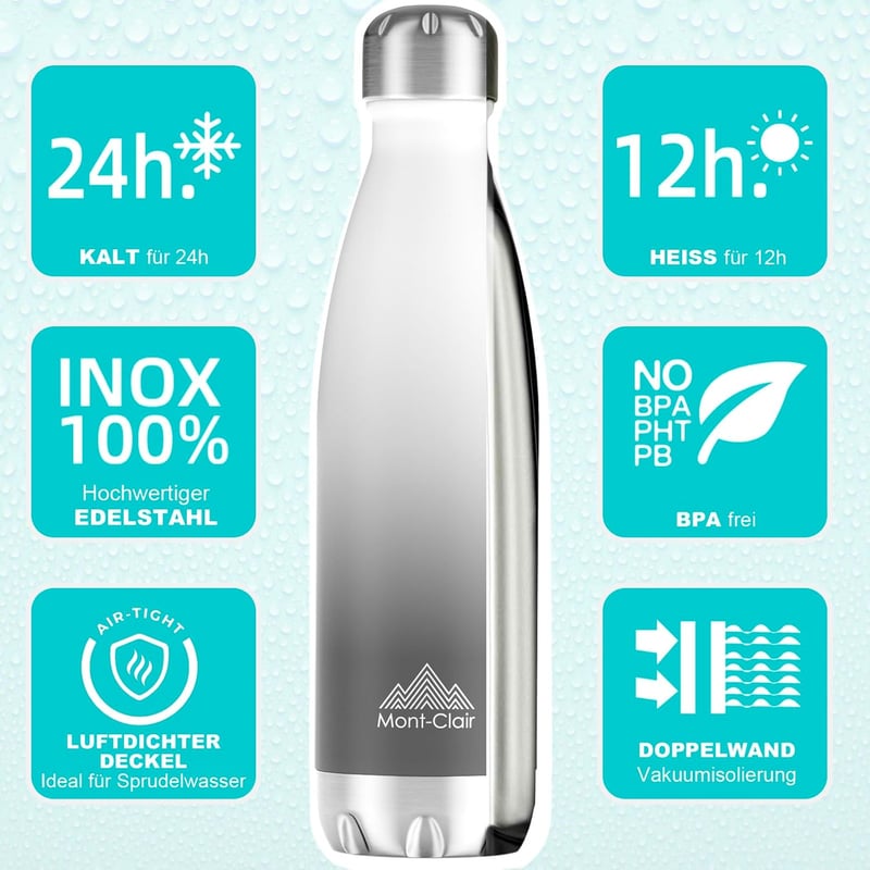 Mont-Clair Rozsdamentes Acél Termosz 750ml - Dupla Falú Hőszigetelés - 24 Óra Hideg, 12 Óra Meleg - Szivárgásmentes BPA-mentes Kulacs - Fehé