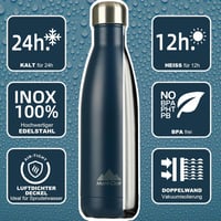 Mont-Clair Rozsdamentes Acél Termosz 500ml - Kék Ivópalack Dupla Falú Szigeteléssel, Szivárgásmentes, BPA-mentes, 24 Órás Hideg- és 12 Órás  2