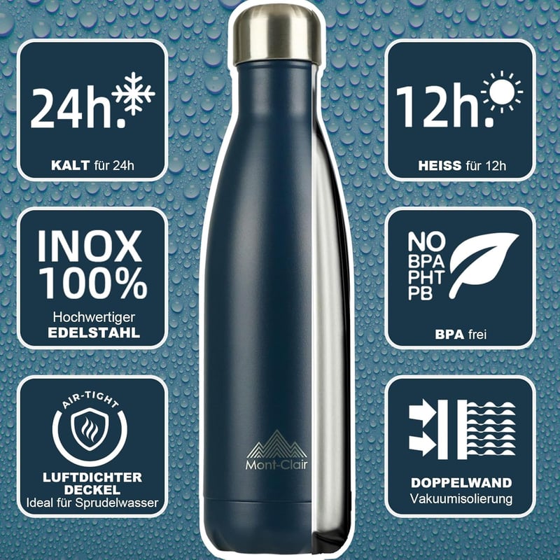Mont-Clair Rozsdamentes Acél Termosz 500ml - Kék Ivópalack Dupla Falú Szigeteléssel, Szivárgásmentes, BPA-mentes, 24 Órás Hideg- és 12 Órás 