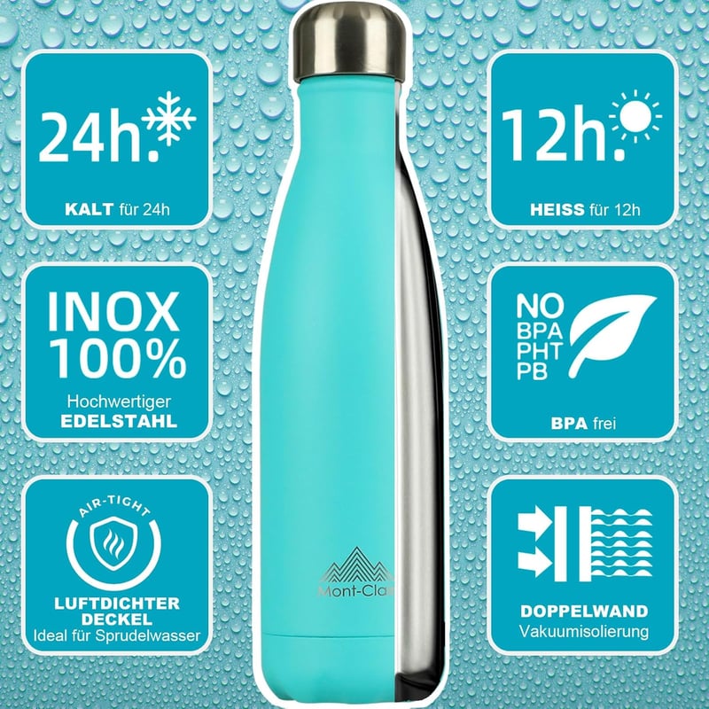 Mont-Clair rozsdamentes acélból készült termosz palack 500ml, 24h hideg, 12h meleg, BPA-mentes