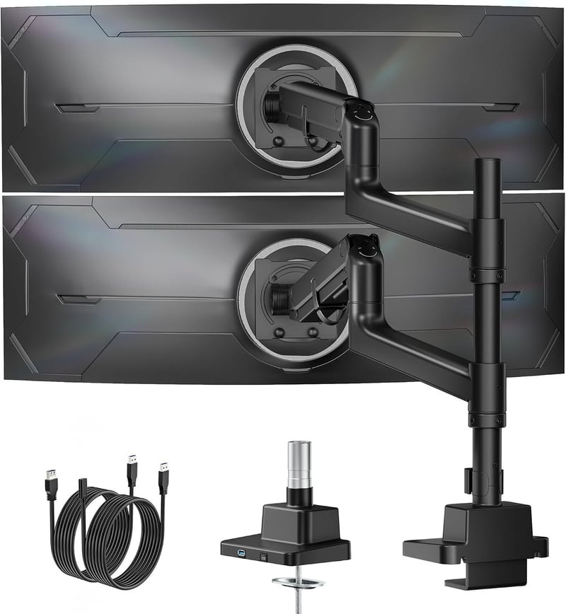 Suport monitor de birou monTEK pentru două ecrane cu port USB, negru