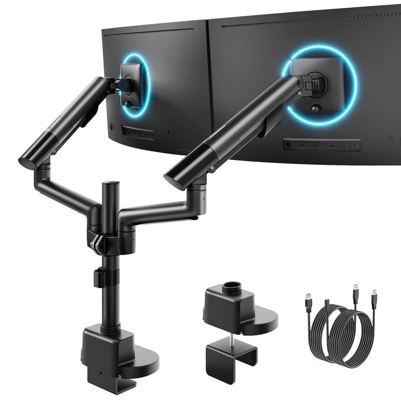monTEK MA1010UCPBK-D Dual Monitor Tartókar Asztali Rögzítő USB Hubbal, 17-35 colos Lapos és Ívelt Monitorokhoz, Max 11 kg, VESA 75/100 mm, Fekete