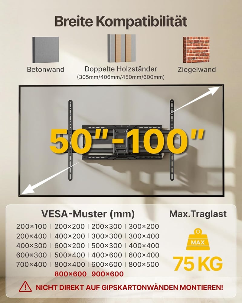 monTEK Erős TV fali tartó 50-100 hüvelyk, 75 kg-ig, dönthető és forgatható, kihúzható dupla kar, XXL, VESA 900x600, 638 mm, fekete