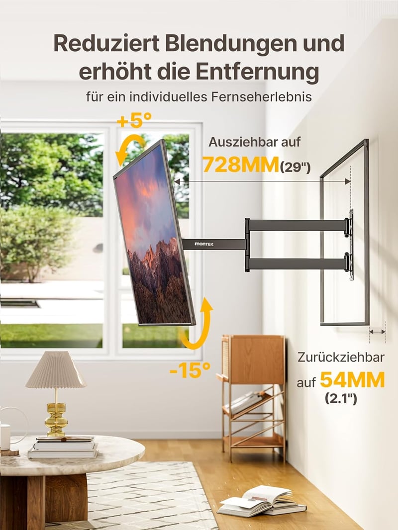 monTEK Extra Hosszú Karos TV Fali Tartó 23-65 Colos Készülékekhez - 728 mm Kinyúlás, Forgatható, Dönthető, VESA 400x400, 35 kg Teherbírás