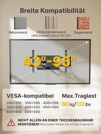 Suport TV de perete monTEK HW1242BK complet mobil, pentru ecrane de 43-95 inchi, până la 60 kg, pivotant, înclinabil, braț dublu, negru, VESA 800 x 400 mm 8