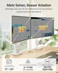 monTEK MA1011WH-D Držiak na dva monitory, pre 17-35" obrazovky, otočný o 360°, VESA 75/100, biely, max. 11 kg 6