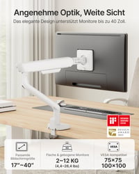 Držiak na monitor monTEK pre obrazovky s uhlopriečkou 17 – 40 palcov, max. 12 kg, biely – nastaviteľné stolové rameno na monitor s upevnením 2