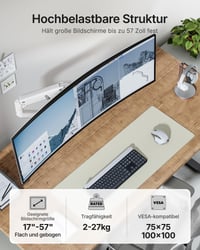 monTEK držiak na monitor s USB A/C konektorom, pre 17-57 palcové ultraširoké zakrivené monitory, nosnosť 27 kg, plynová pružina, VESA 75/100, biely 2