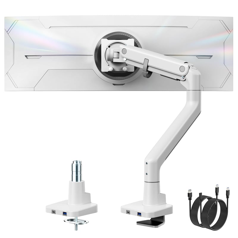 monTEK držiak na monitor s USB A/C konektorom, pre 17-57 palcové ultraširoké zakrivené monitory, nosnosť 27 kg, plynová pružina, VESA 75/100, biely