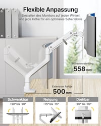 monTEK držiak na monitor s USB A/C konektorom, pre 17-57 palcové ultraširoké zakrivené monitory, nosnosť 27 kg, plynová pružina, VESA 75/100, biely 4