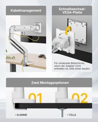 monTEK držiak na monitor s USB A/C konektorom, pre 17-57 palcové ultraširoké zakrivené monitory, nosnosť 27 kg, plynová pružina, VESA 75/100, biely 8