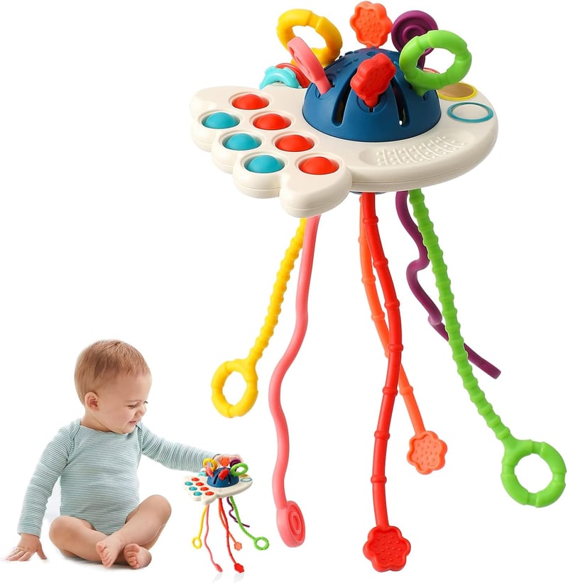 Montessori Szilikon Húzózsinóros Fejlesztő Játék - Kék Érzékfejlesztő Baba Játék Utazáshoz - Finommotorikus Készségfejlesztő 18 Hónapos Kort