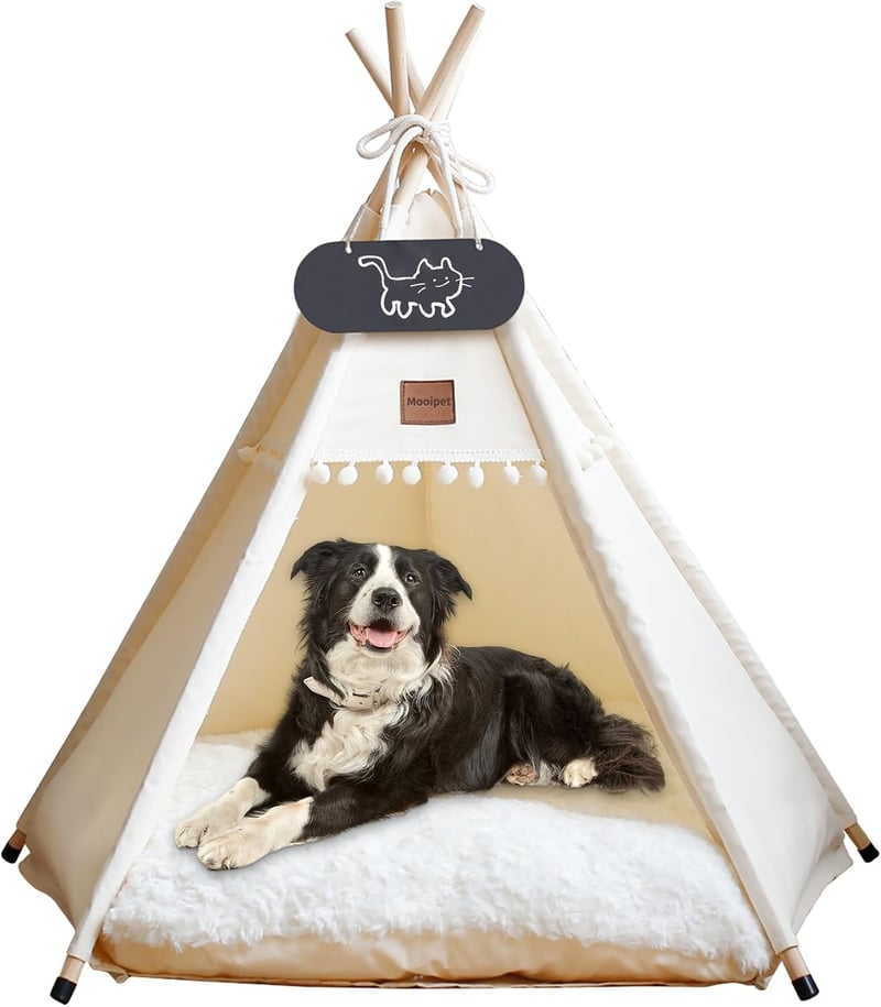 Cort pentru câini și pisici Mooipet Teepee cu pernă față-verso, culcuș detașabil și lavabil, căsuță pentru animale cu tablă de scris