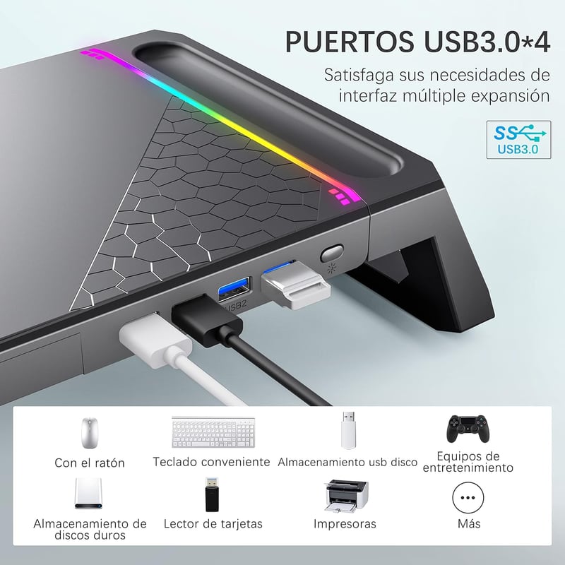 MOOJAY Gaming Monitor Tartó RGB LED-del, USB 3.0 Hub és Fiókkal
