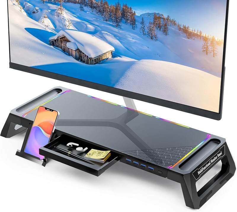 MOOJAY Gaming Monitor Tartó RGB LED-del, USB 3.0 Hub és Fiókkal