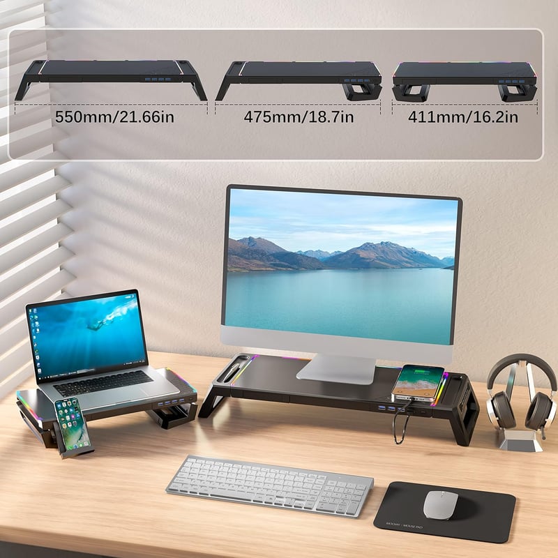 MOOJAY Gaming Monitor Tartó RGB LED-del, USB 3.0 Hub és Fiókkal