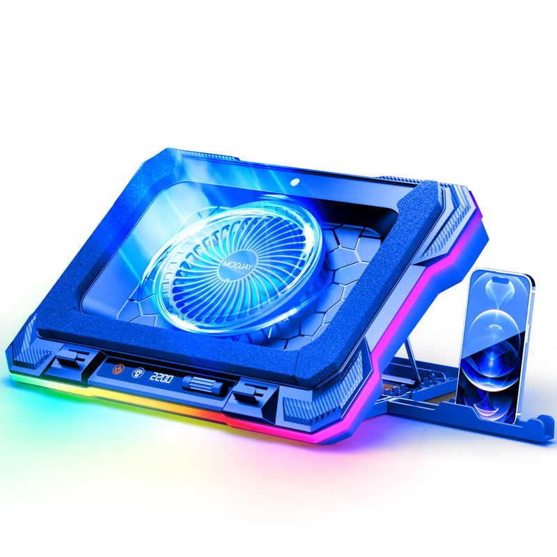 MOOJAY Hladnjak za laptop, Turbo RGB ventilator za hlađenje gamerskog laptopa s 8 podesivih visina i držačem za telefon za prijenosna računala od 14 do 19 inča, ledeno plava