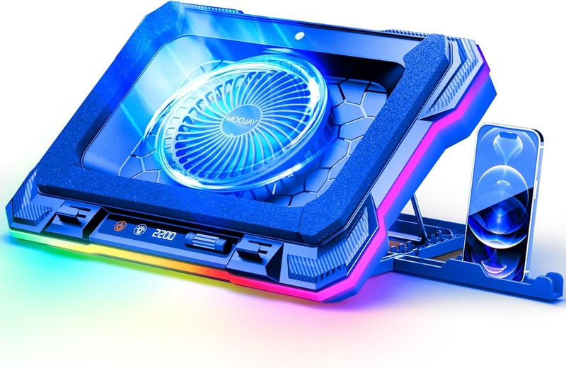 MOOJAY Laptop Hűtő, Turbó RGB Gamer Laptop Hűtőventillátor 8 Állítható Magassággal és Telefontartóval 14-19 Colos Laptopokhoz, Jégkék