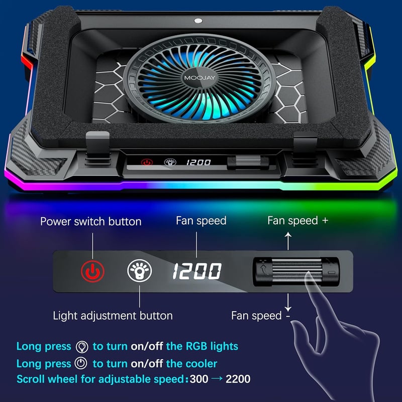 MOOJAY Laptop Hűtő – Turbo RGB Gaming Ventilátor, 8 Állítható Magasság, Telefon Tartóval, 14–19" Gépekhez (Kék)
