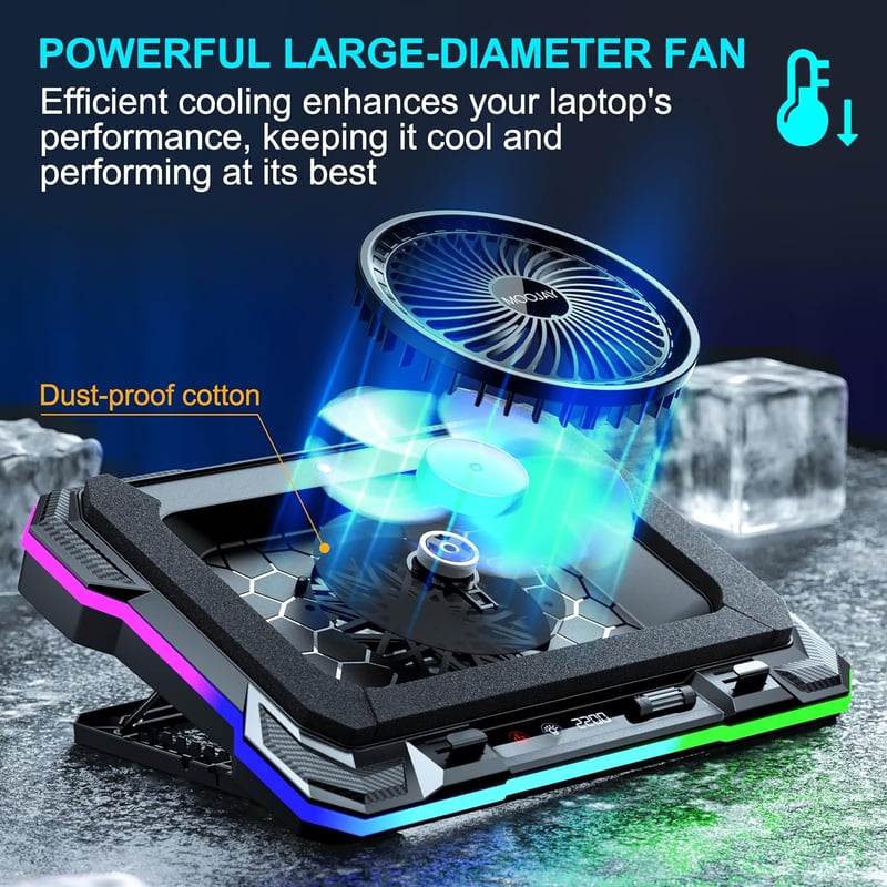 MOOJAY Laptop Hűtő – Turbo RGB Gaming Ventilátor, 8 Állítható Magasság, Telefon Tartóval, 14–19" Gépekhez (Kék)