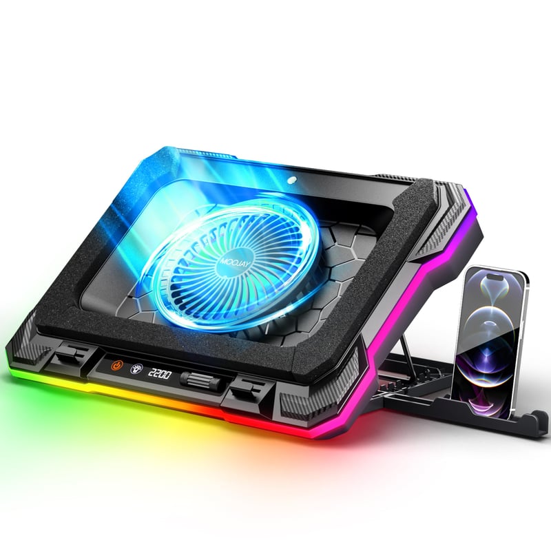 MOOJAY Hladnjak za laptop – Turbo RGB Gaming ventilator, 8 podesivih visina, s držačem za telefon, za uređaje od 14–19" (Plavi)