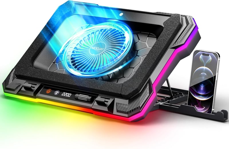 MOOJAY Laptop Hűtő – Turbo RGB Gaming Ventilátor, 8 Állítható Magasság, Telefon Tartóval, 14–19" Gépekhez (Kék)