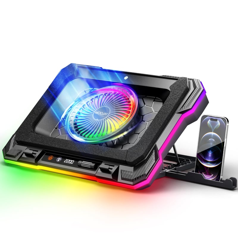 Chladiaca podložka pod notebook MOOJAY s RGB LED podsvietením, nastaviteľná výška - 14-19 palcov