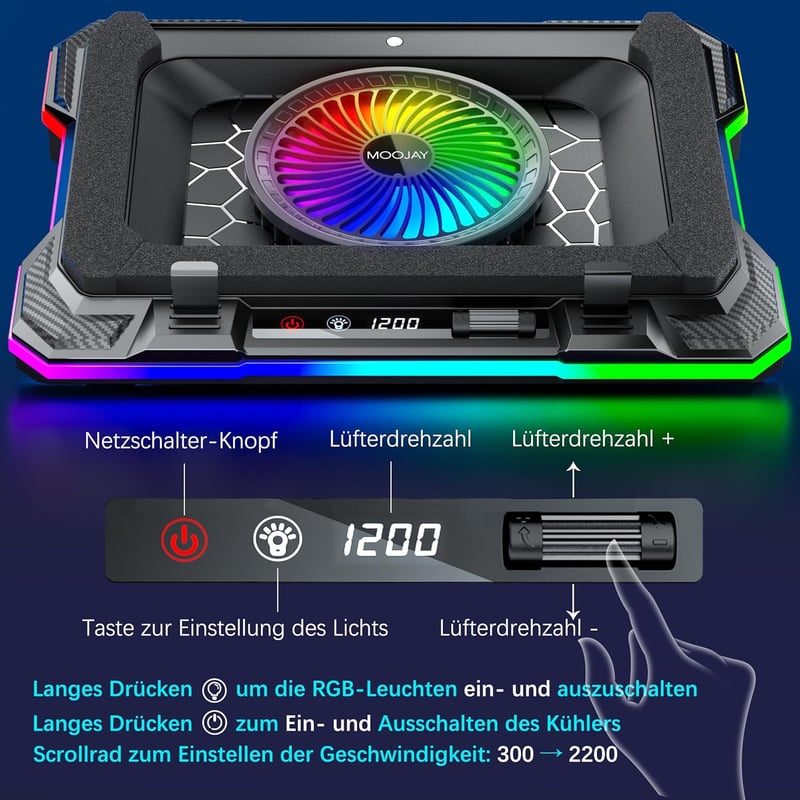 MOOJAY Laptop Hűtőpad RGB LED Gamer Notebook Cooler 14-19 Colos Állítható Magasság