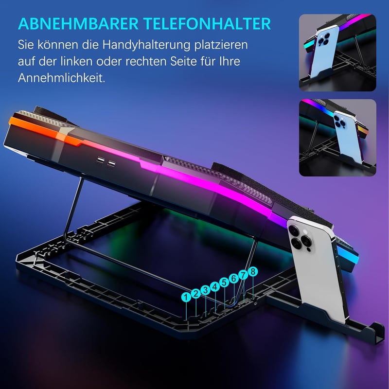 MOOJAY Laptop Hűtőpad RGB LED Gamer Notebook Cooler 14-19 Colos Állítható Magasság