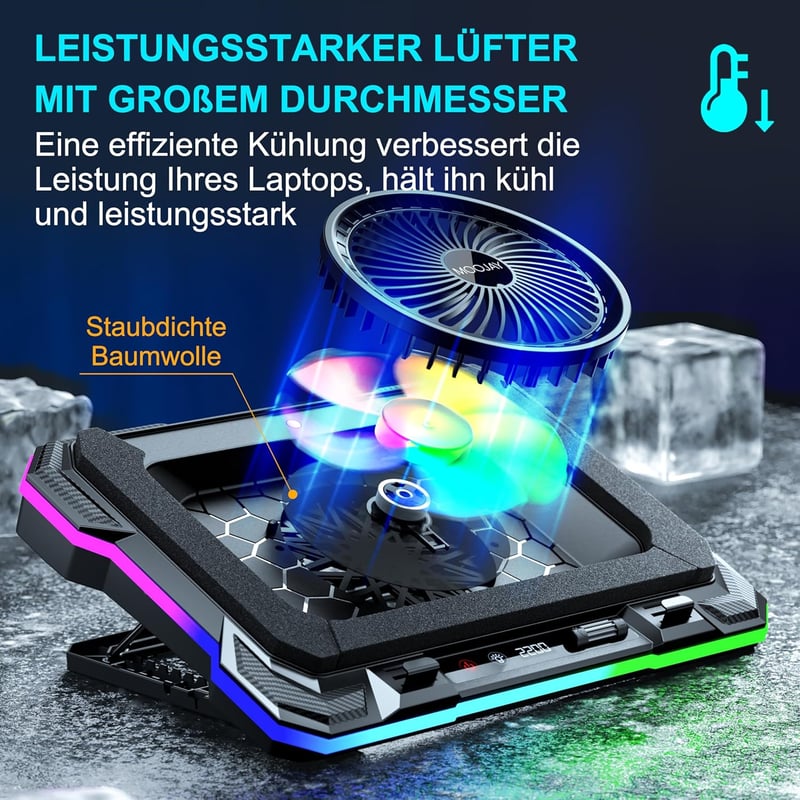 MOOJAY Laptop Hűtőpad RGB LED Gamer Notebook Cooler 14-19 Colos Állítható Magasság