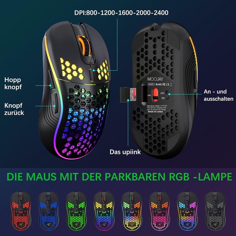MOOJAY RGB Háttérvilágítású Vezeték Nélküli Billentyűzet és Egér Szett - Újratölthető 2.4G Gamer Kombó Ergonomikus Kialakítással PC/Laptop/W