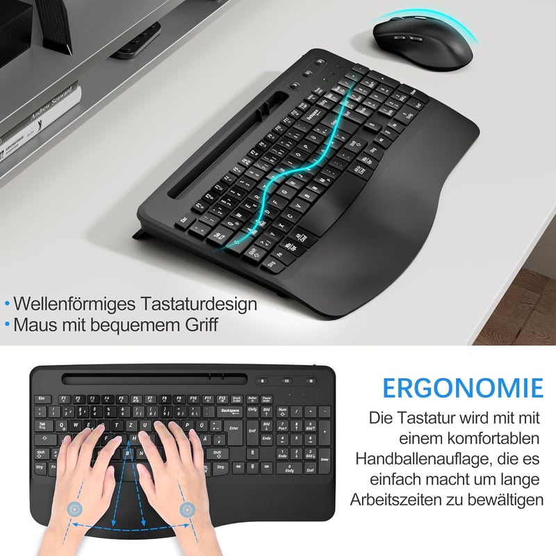MOOJAY Wireless Ergonomikus Billentyűzet és Egér Szett, 2.4G Töltölthető, Csendes, Csukló Támasztékkal
