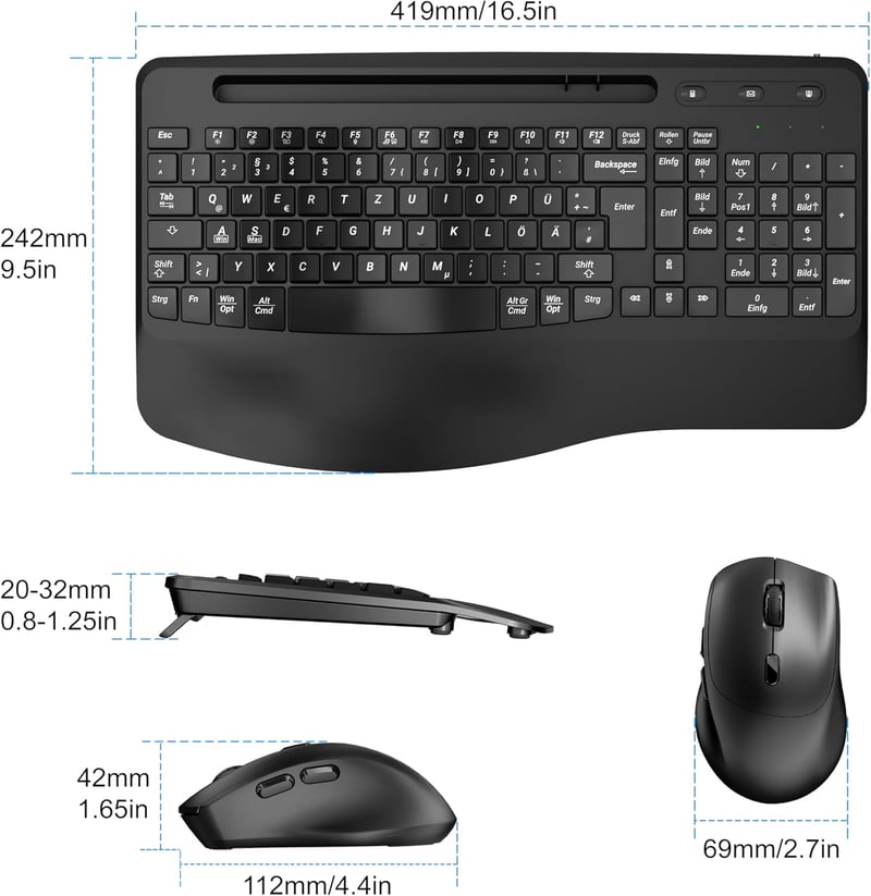 MOOJAY Wireless Ergonomikus Billentyűzet és Egér Szett, 2.4G Töltölthető, Csendes, Csukló Támasztékkal