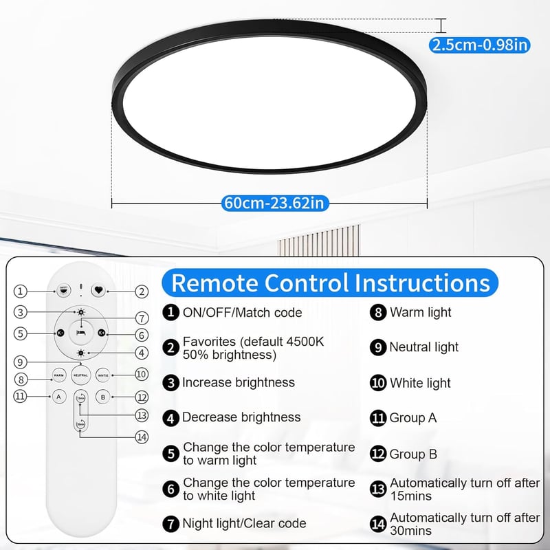 MOONSEA 60W LED Mennyezeti Lámpa - Ultravékony, Távirányítós, Fényerő és Színhőmérséklet Szabályozás (3000-6000K), 60cm, Fekete