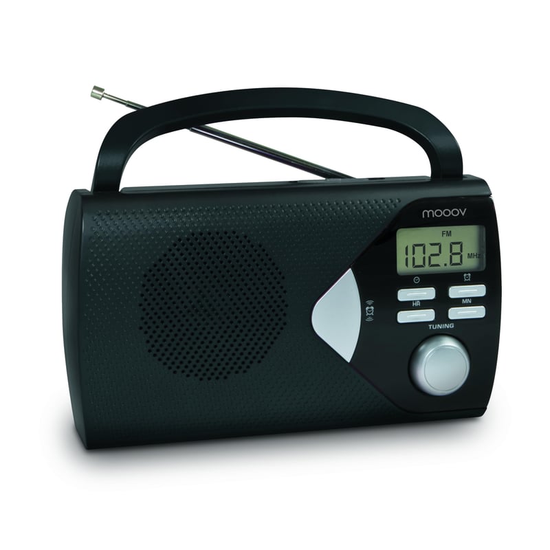 Prenosné FM/AM rádio Mooov 477205 s digitálnym displejom, budíkom, časovačom a reproduktorom, napájanie zo siete alebo na batérie, čierne