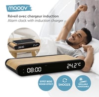 Ceas deșteptător MOOOV 477349 cu încărcător wireless, inducție 15W și port USB-C, afișaj temperatură, design cu aspect de lemn 9