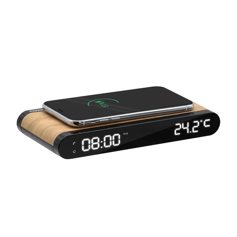 Ceas deșteptător MOOOV 477349 cu încărcător wireless, inducție 15W și port USB-C, afișaj temperatură, design cu aspect de lemn