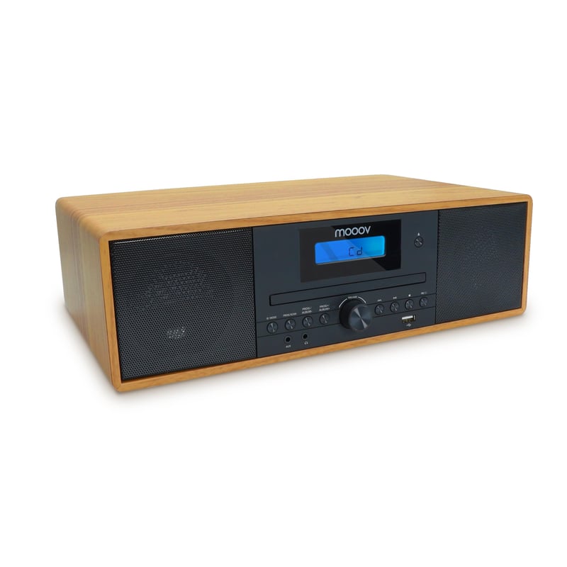 MOOOV 477380 bežični Bluetooth mikro Hi-Fi sustav s CD playerom, FM radiom i daljinskim upravljačem, smeđi vintage stereo zvučnik s efektom drva